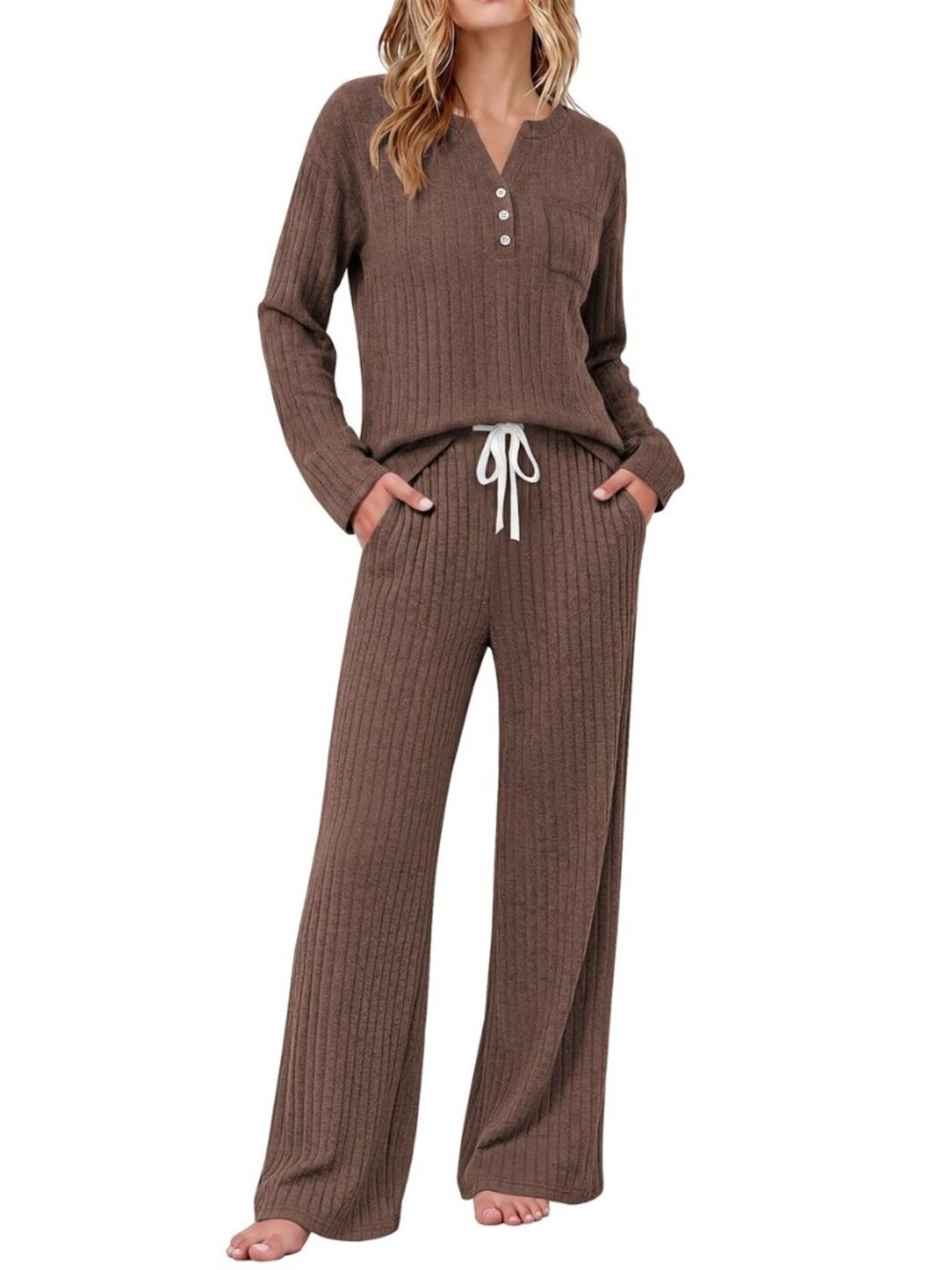 Women's 2 Piece Lounge Set Long Sleeve Knit Ribbed Pajama Sets